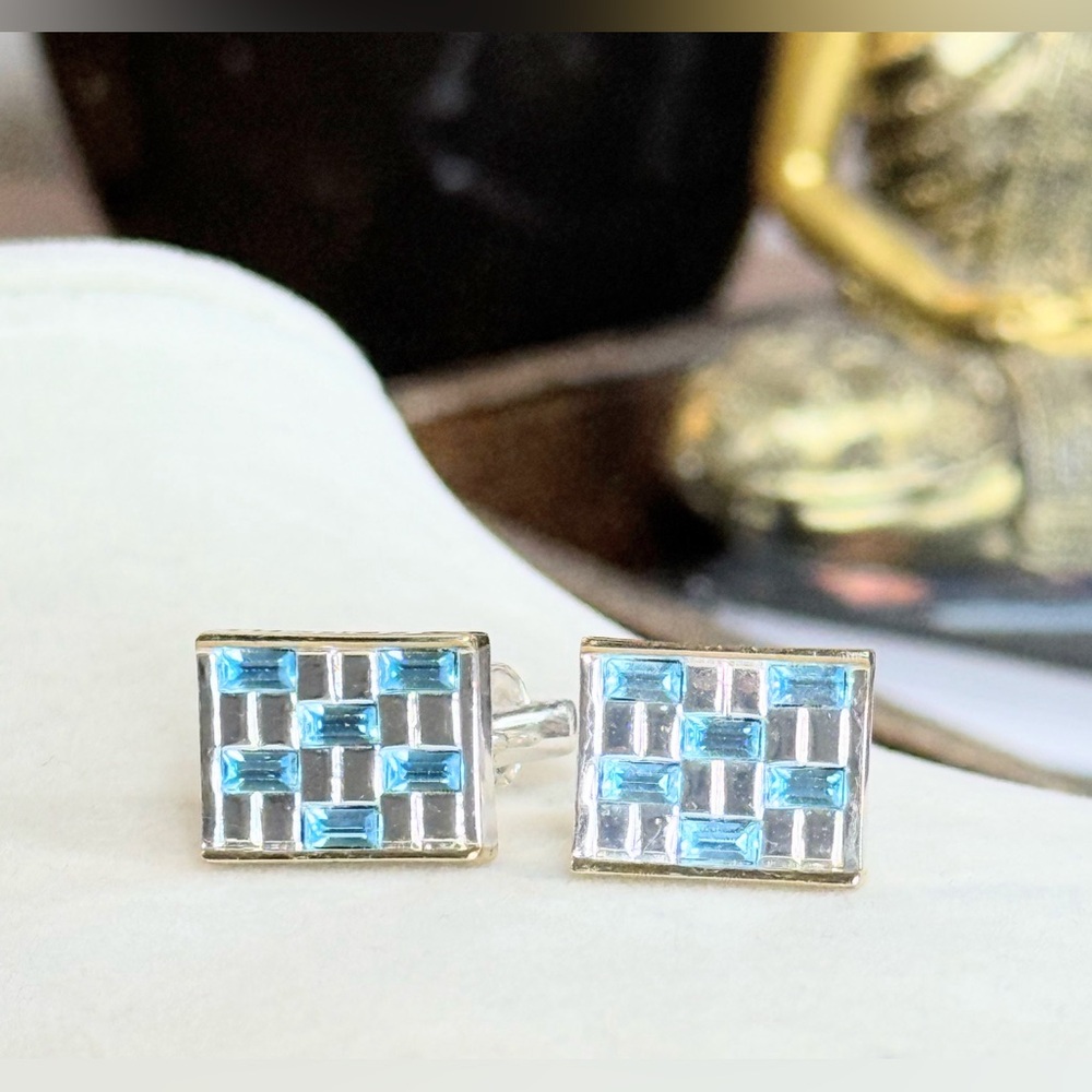 Givenchy Clip On Earrings Blue Crystal Checkerboard Signed Vintage Designer - Picture 7 of 10